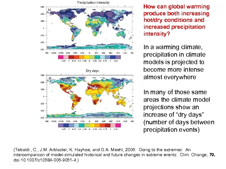 How can global warming produce both increasing hot/dry conditions and increased precipitation intensity? In