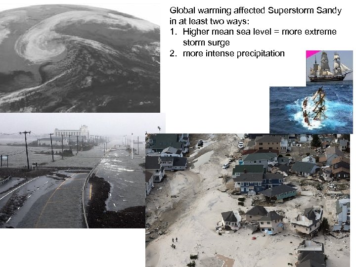 Global warming affected Superstorm Sandy in at least two ways: 1. Higher mean sea