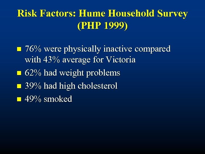 Risk Factors: Hume Household Survey (PHP 1999) n n 76% were physically inactive compared