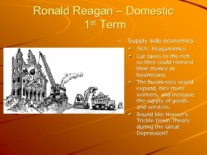 Ronald Reagan – Domestic 1 st Term – Supply side economics AKA: Reaganomics Cut