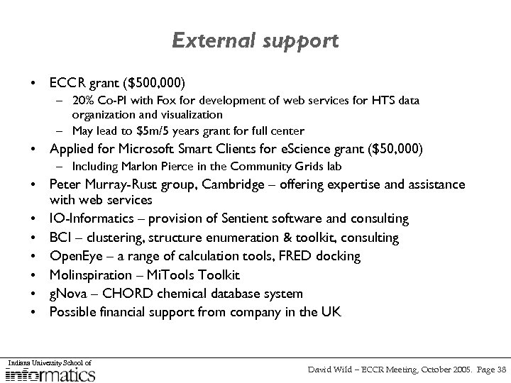 External support • ECCR grant ($500, 000) – 20% Co-PI with Fox for development