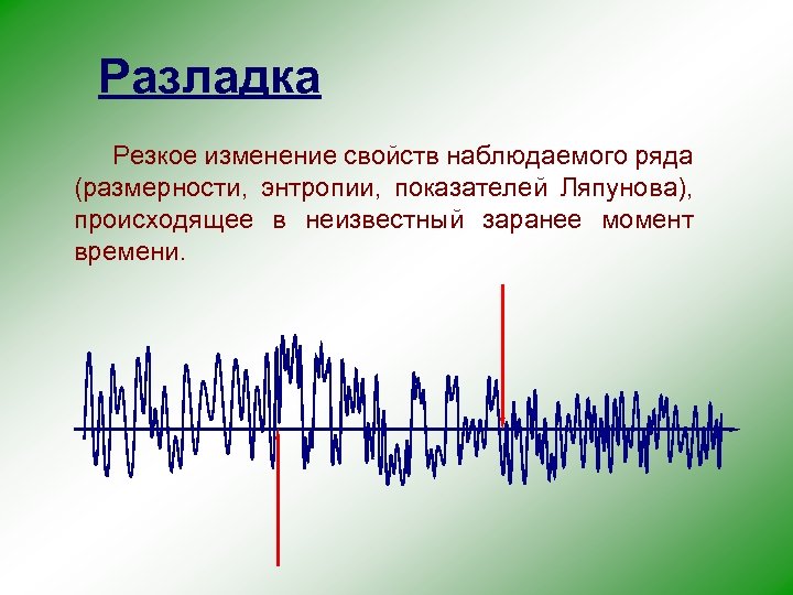 Разладка Резкое изменение свойств наблюдаемого ряда (размерности, энтропии, показателей Ляпунова), происходящее в неизвестный заранее