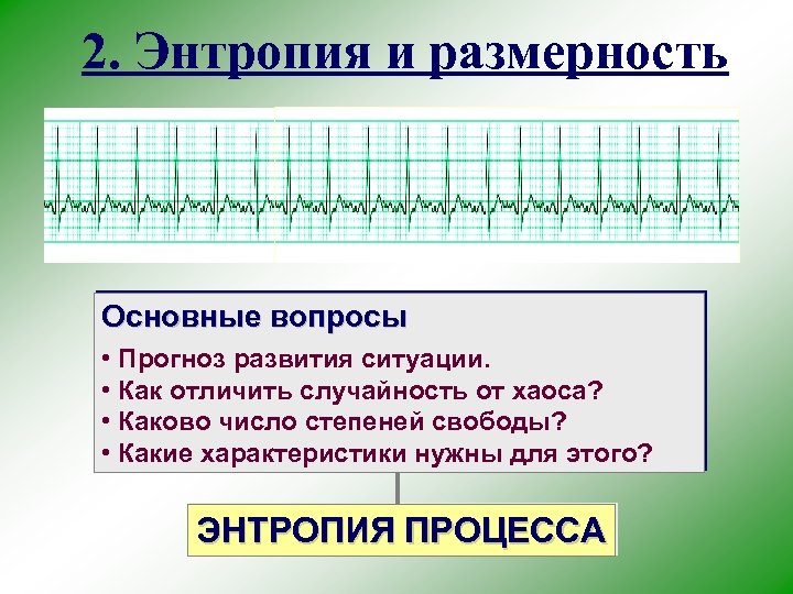 2. Энтропия и размерность Основные вопросы • Прогноз развития ситуации. • Как отличить случайность