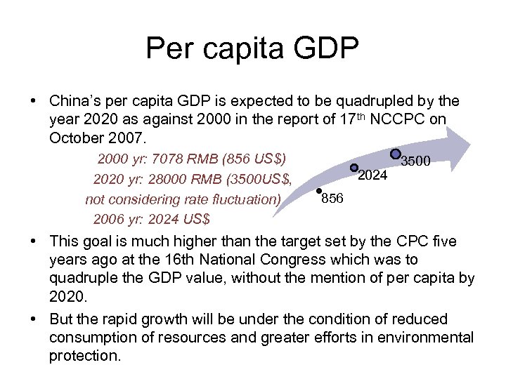 Per capita GDP • China’s per capita GDP is expected to be quadrupled by