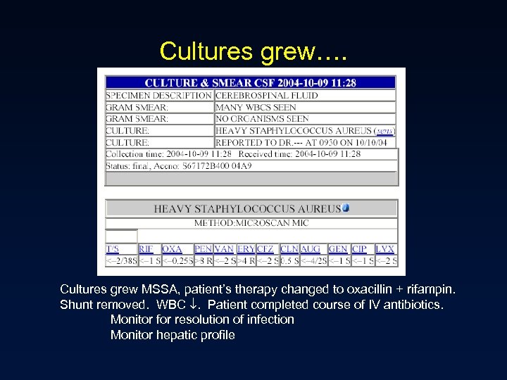 Cultures grew…. Cultures grew MSSA, patient’s therapy changed to oxacillin + rifampin. Shunt removed.