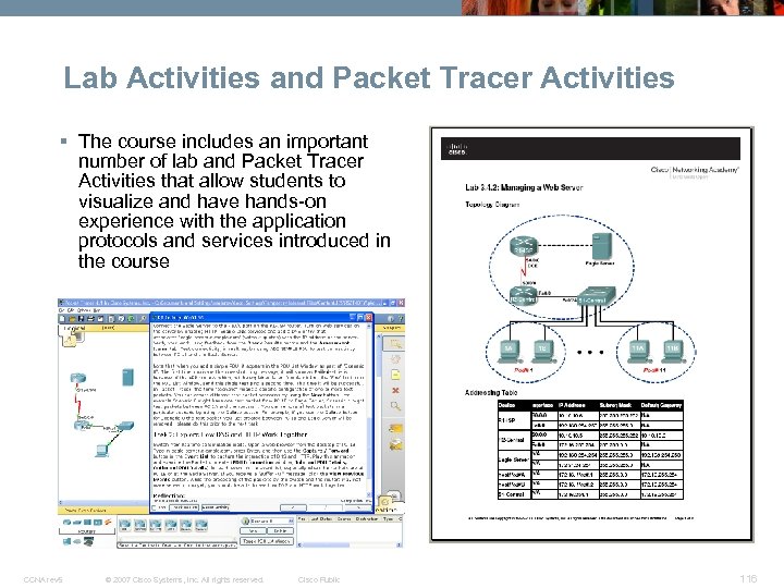 Lab Activities and Packet Tracer Activities § The course includes an important number of