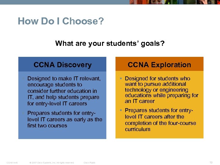 How Do I Choose? What are your students’ goals? CCNA Discovery § Designed to