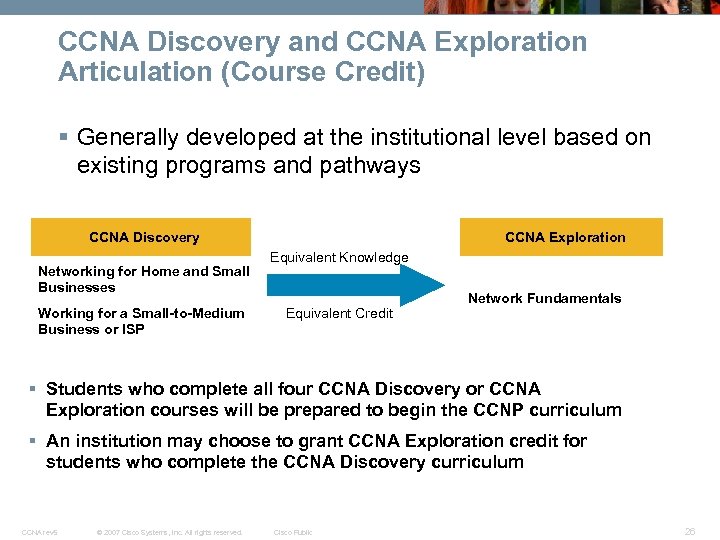 CCNA Discovery and CCNA Exploration Articulation (Course Credit) § Generally developed at the institutional