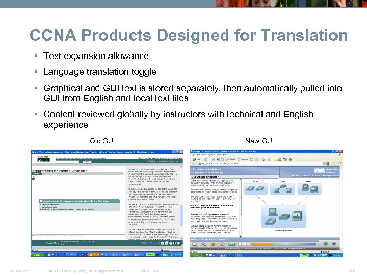 CCNA Products Designed for Translation § Text expansion allowance § Language translation toggle §