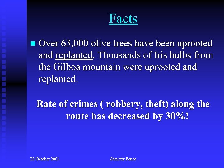 Facts n Over 63, 000 olive trees have been uprooted and replanted. Thousands of