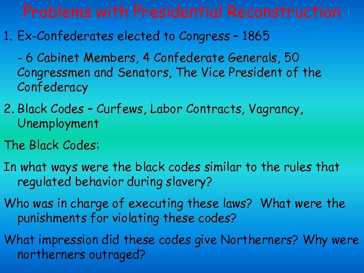 Problems with Presidential Reconstruction 1. Ex-Confederates elected to Congress – 1865 - 6 Cabinet