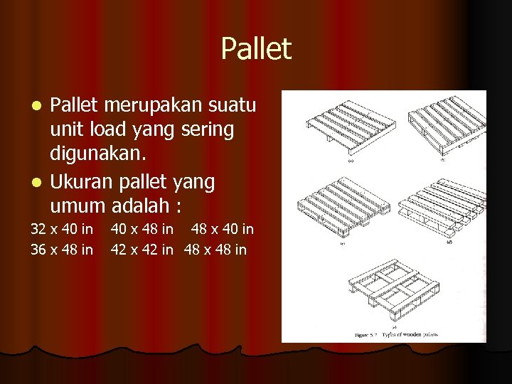 Pallet merupakan suatu unit load yang sering digunakan. l Ukuran pallet yang umum adalah