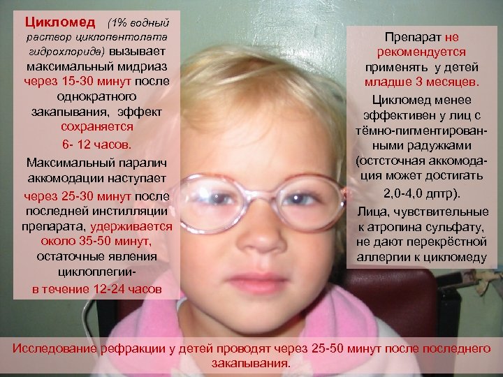 Цикломед (1% водный раствор циклопентолата гидрохлорида) вызывает максимальный мидриаз через 15 -30 минут после