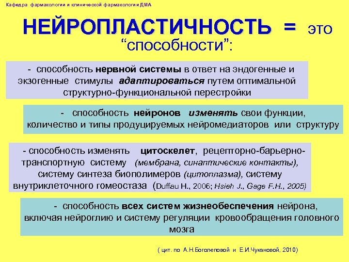 Кафедра фармакологии и клинической фармакологии ДМА НЕЙРОПЛАСТИЧНОСТЬ = “способности”: это - способность нервной системы