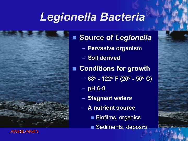 Legionella Bacteria n Source of Legionella – Pervasive organism – Soil derived n Conditions