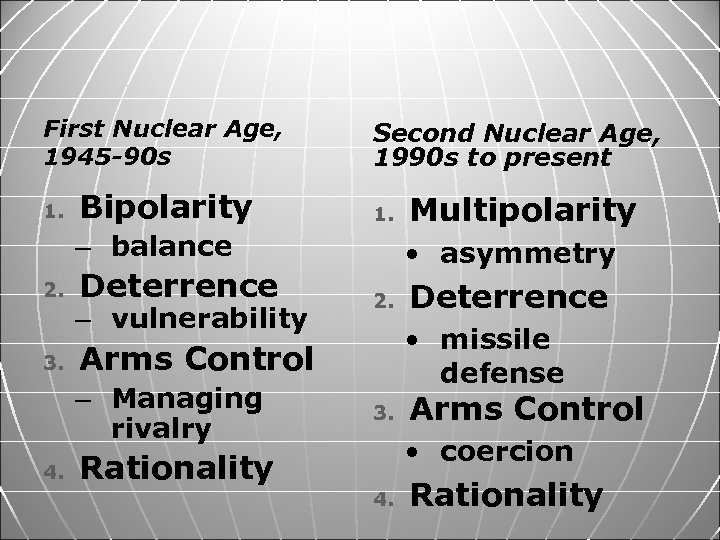 First Nuclear Age, 1945 -90 s 1. Bipolarity Second Nuclear Age, 1990 s to