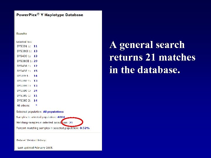 A general search returns 21 matches in the database. 