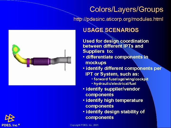 Colors/Layers/Groups http: //pdesinc. aticorp. org/modules. html USAGE SCENARIOS Used for design coordination between different