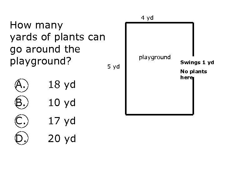 How many yards of plants can go around the playground? 5 yd A. 18