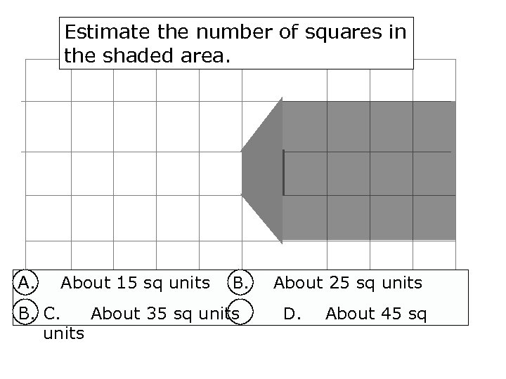 Estimate the number of squares in the shaded area. About 15 sq units B.