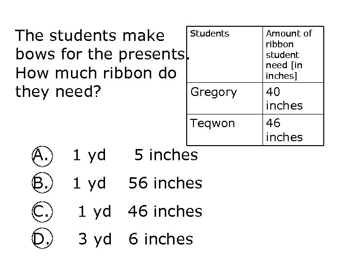 Students The students make bows for the presents. How much ribbon do Gregory they