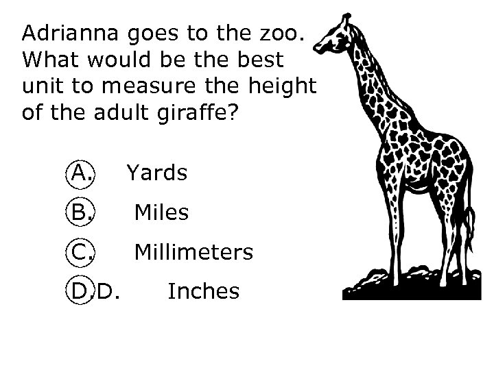 Adrianna goes to the zoo. What would be the best unit to measure the