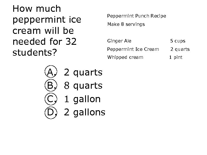 How much peppermint ice cream will be needed for 32 students? A. B. C.