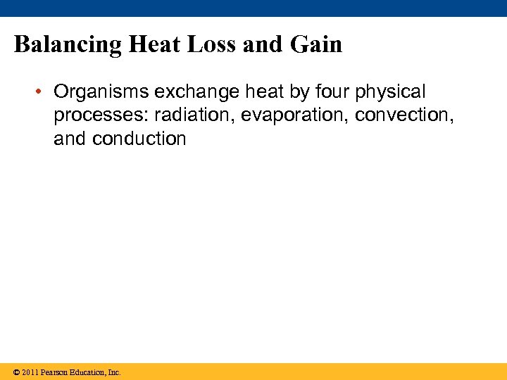 Balancing Heat Loss and Gain • Organisms exchange heat by four physical processes: radiation,