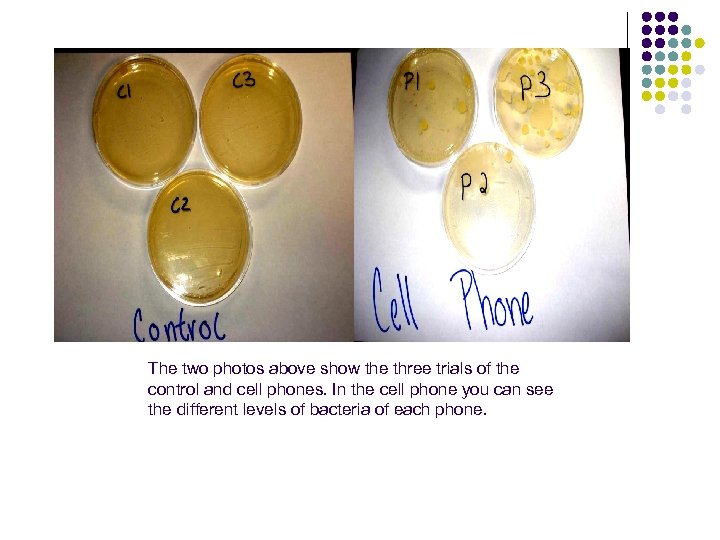 The two photos above show the three trials of the control and cell phones.