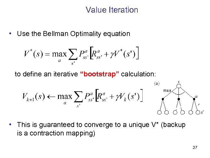 Value Iteration • Use the Bellman Optimality equation to define an iterative “bootstrap” calculation: