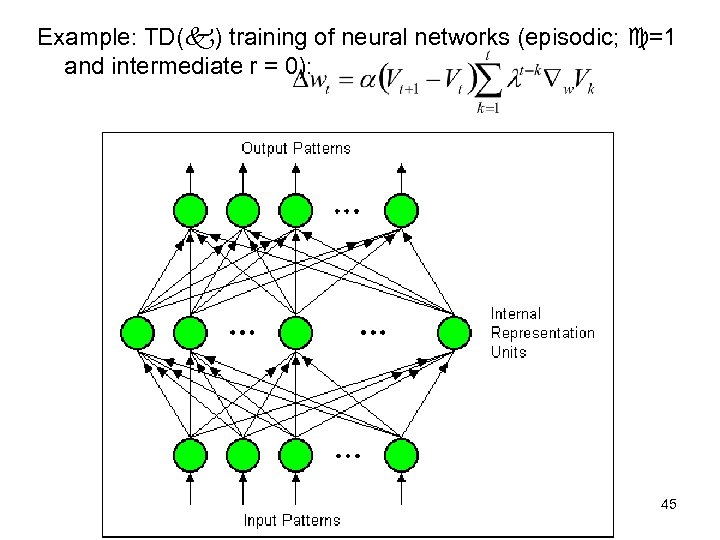 Example: TD( ) training of neural networks (episodic; =1 and intermediate r = 0):