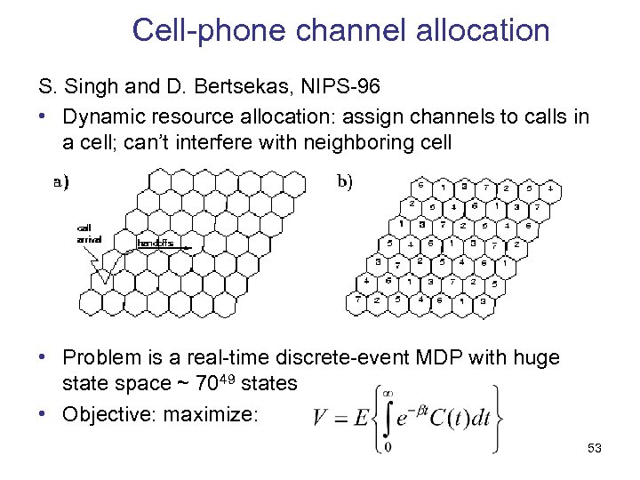 Cell-phone channel allocation S. Singh and D. Bertsekas, NIPS-96 • Dynamic resource allocation: assign