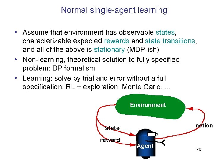 Normal single-agent learning • Assume that environment has observable states, characterizable expected rewards and