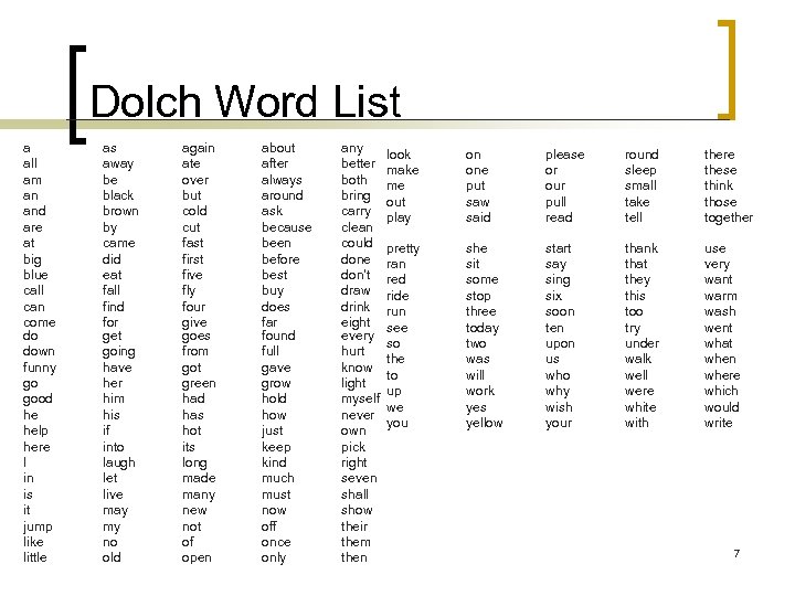 Dolch Word List a all am an and are at big blue call can