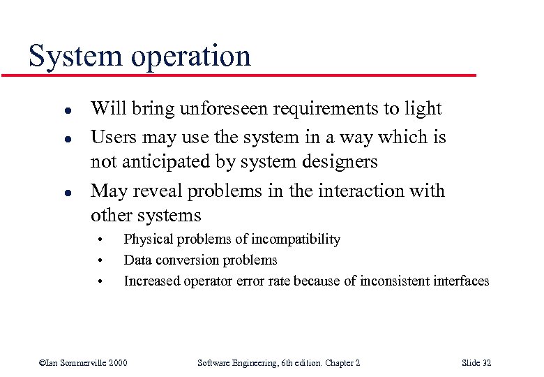 System operation l l l Will bring unforeseen requirements to light Users may use