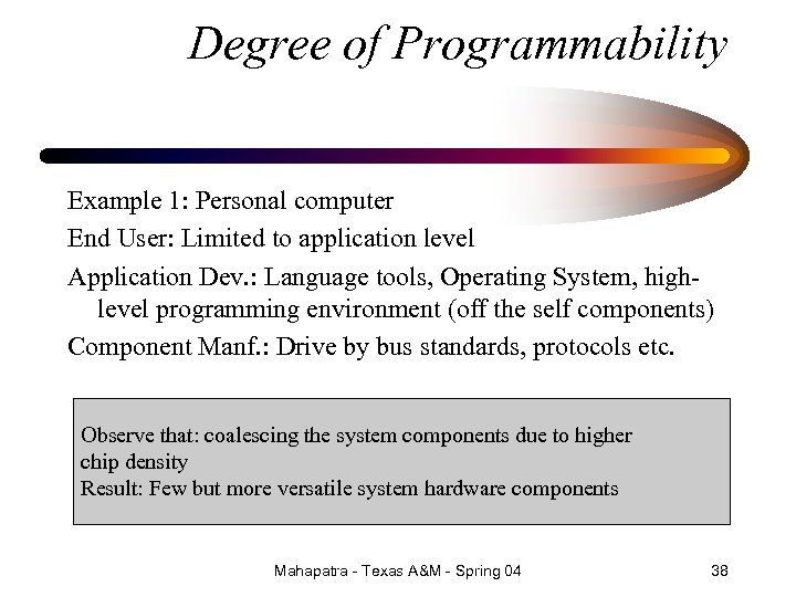 Degree of Programmability Example 1: Personal computer End User: Limited to application level Application
