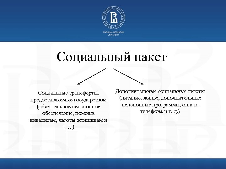 Социальный пакет Социальные трансферты, предоставляемые государством (обязательное пенсионное обеспечение, помощь инвалидам, льготы женщинам и