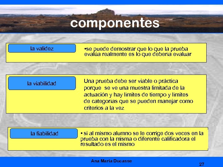 componentes la validez • se puede demostrar que lo que la prueba evalúa realmente