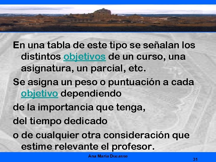 En una tabla de este tipo se señalan los distintos objetivos de un curso,