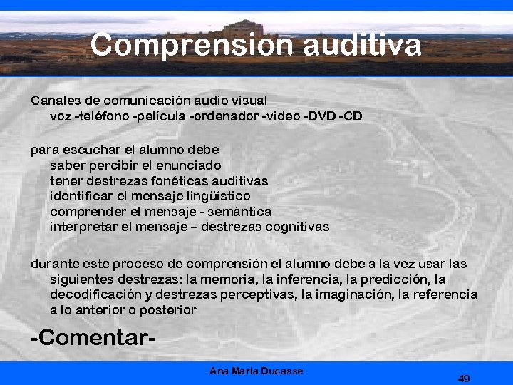 Comprension auditiva Canales de comunicación audio visual voz -teléfono -película -ordenador -video -DVD -CD