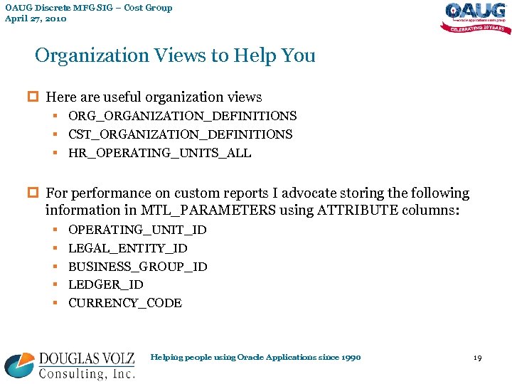 OAUG Discrete MFG SIG – Cost Group April 27, 2010 Organization Views to Help