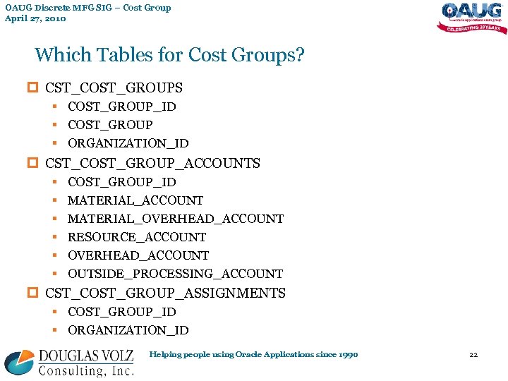 OAUG Discrete MFG SIG – Cost Group April 27, 2010 Which Tables for Cost