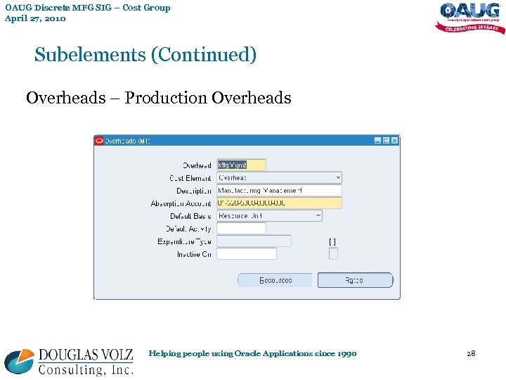 OAUG Discrete MFG SIG – Cost Group April 27, 2010 Subelements (Continued) Overheads –