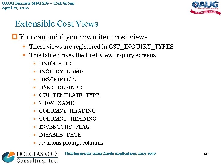 OAUG Discrete MFG SIG – Cost Group April 27, 2010 Extensible Cost Views p