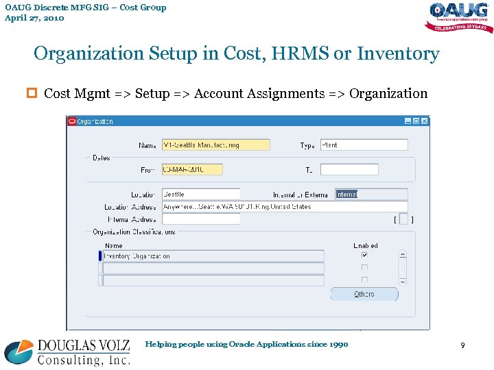 OAUG Discrete MFG SIG – Cost Group April 27, 2010 Organization Setup in Cost,