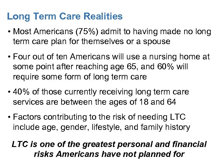 Long Term Care Realities • Most Americans (75%) admit to having made no long
