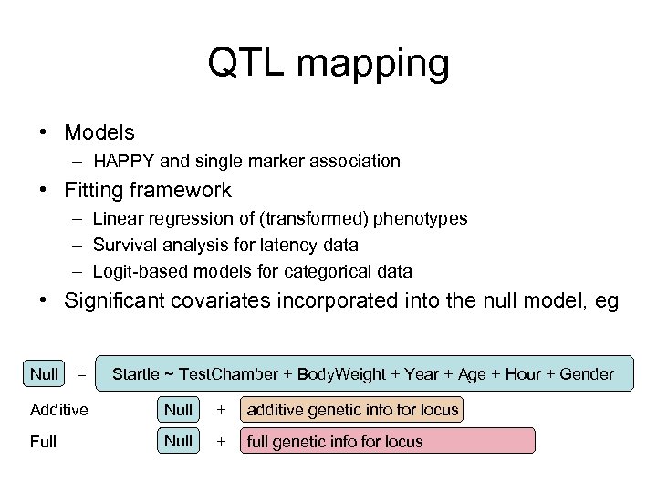 QTL mapping • Models – HAPPY and single marker association • Fitting framework –