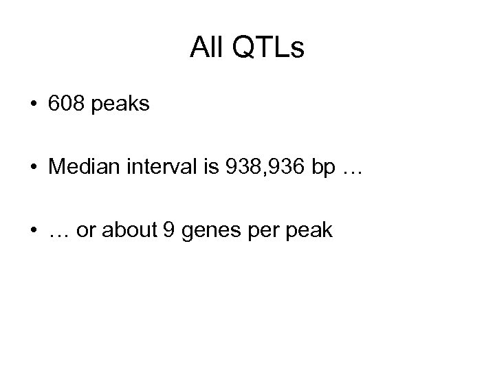 All QTLs • 608 peaks • Median interval is 938, 936 bp … •