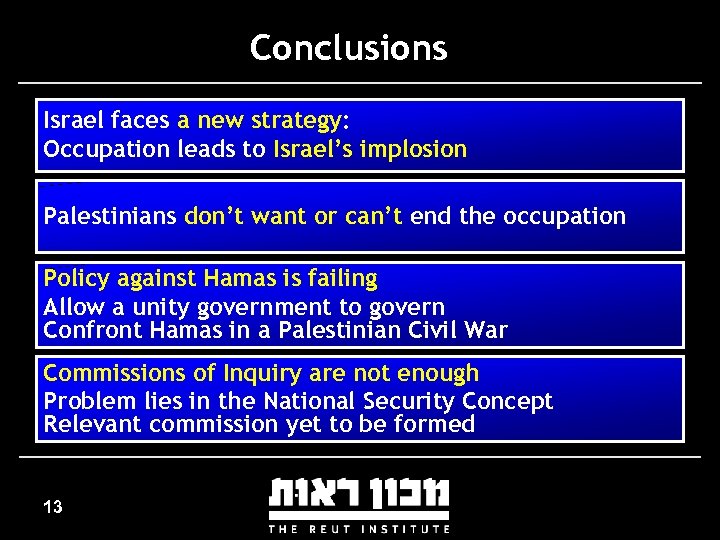 Conclusions Israel faces a new strategy: Occupation leads to Israel’s implosion Palestinians don’t want