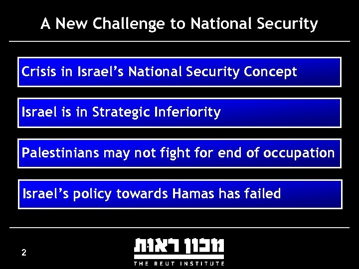 A New Challenge to National Security Crisis in Israel’s National Security Concept Israel is